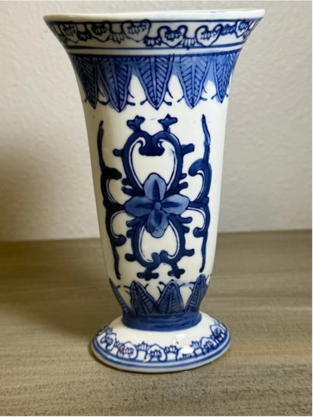 Vintage Japanese Porcelain Vase Decorated in Blue White Floral Trumpet Shape